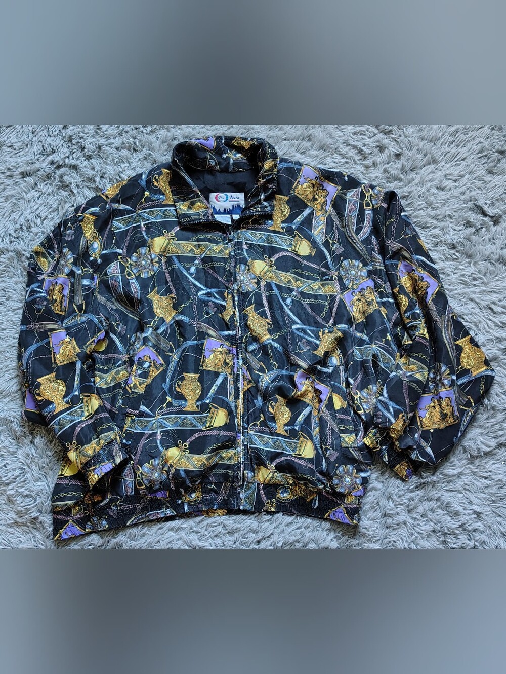Pan Asia 1980's Vintage 100% Silk Baroque Navy & Gold Jacket Size XL